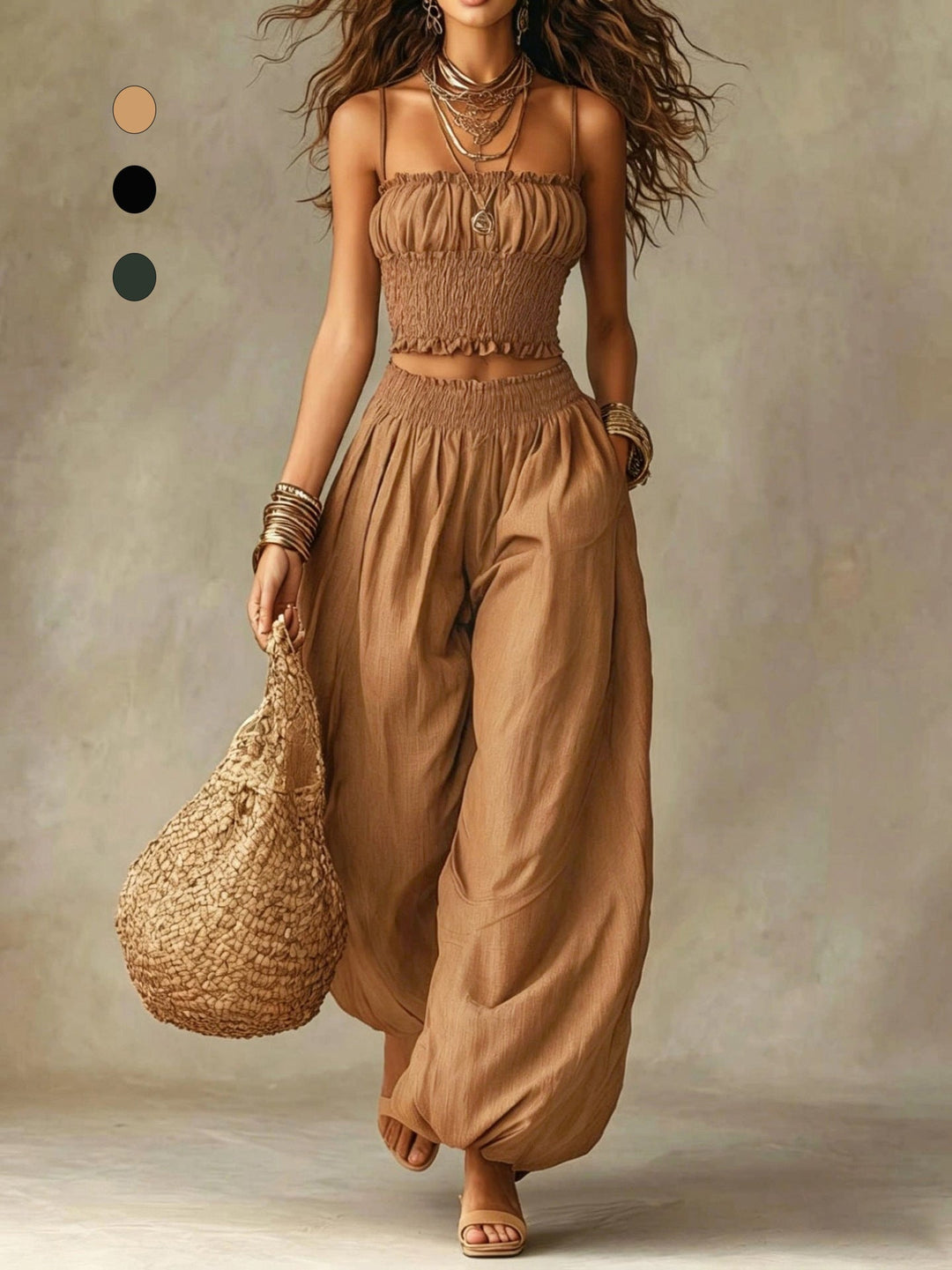 Conjunto de Duas Peças com Top Cropped Franzido e Calças de Perna Larga