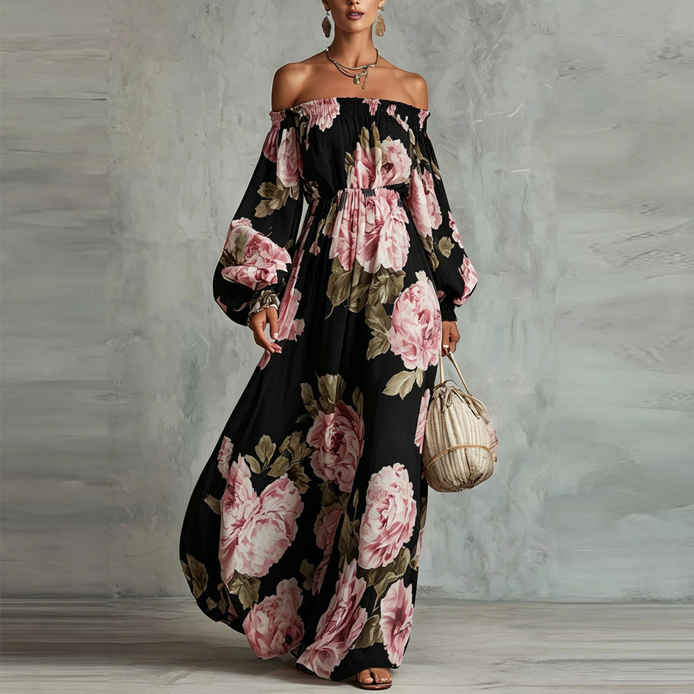 Payton | Vestido Maxi Floral de Ombros Descobertos com Mangas Compridas