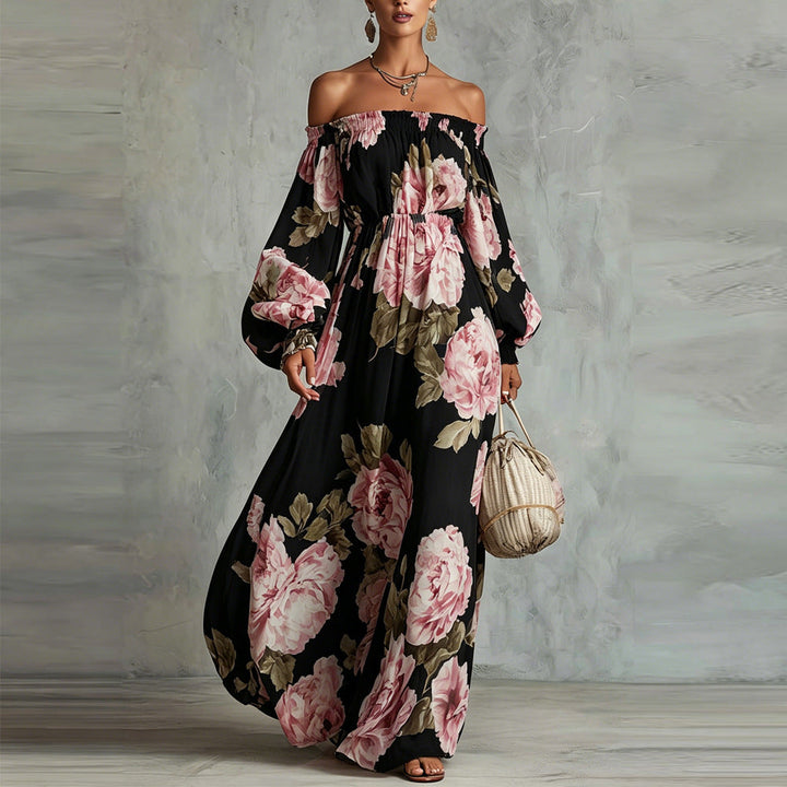Payton | Vestido Maxi Floral de Ombros Descobertos com Mangas Compridas