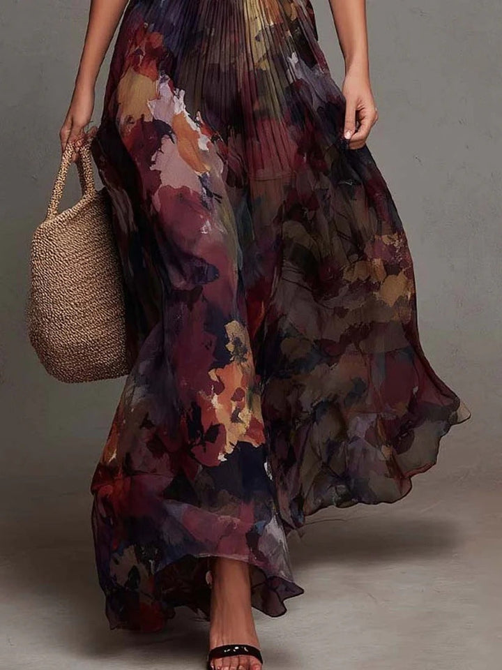 Vestido Maxi Plissado com Decote em V e Estampado Floral Aquarela