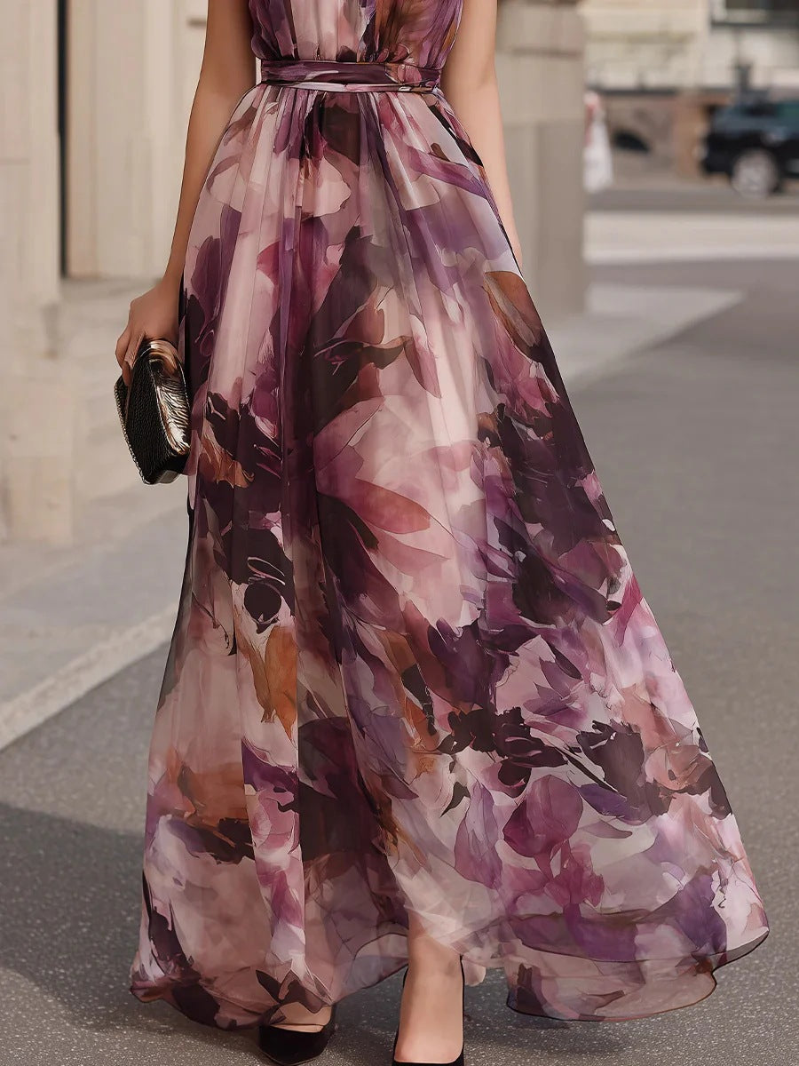 Vestido Maxi Floral com Gola de Laço e Cinto