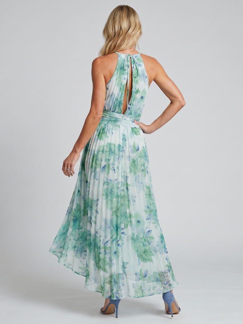 Portia | Vestido midi plissado sem alças com delicado padrão floral