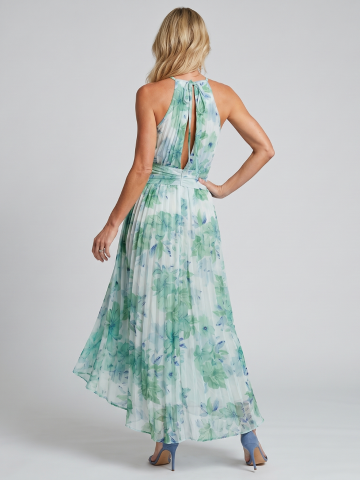 Portia | Vestido midi plissado sem alças com delicado padrão floral