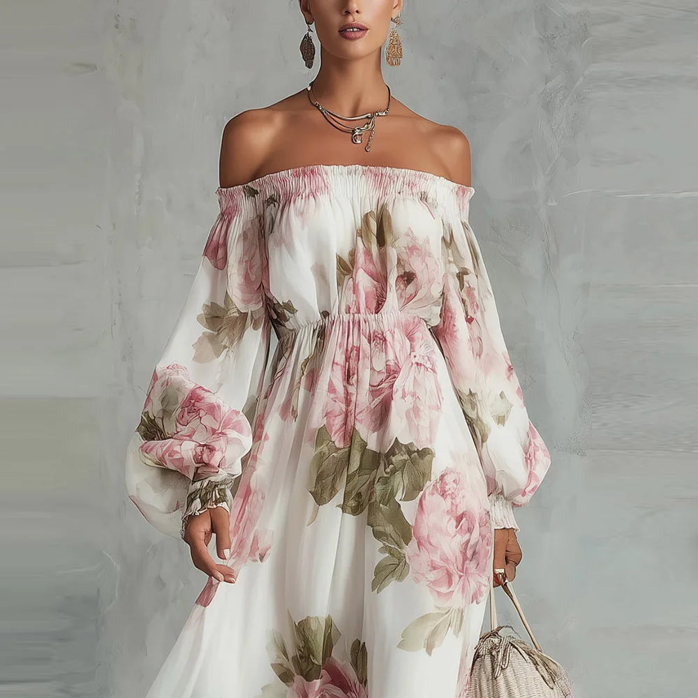 Payton | Vestido Maxi Floral de Ombros Descobertos com Mangas Compridas