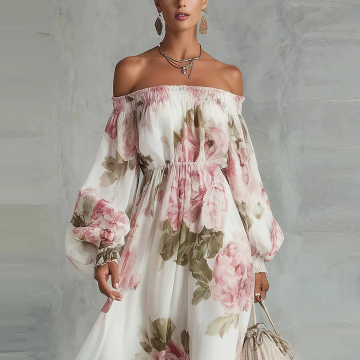 Payton | Vestido Maxi Floral de Ombros Descobertos com Mangas Compridas