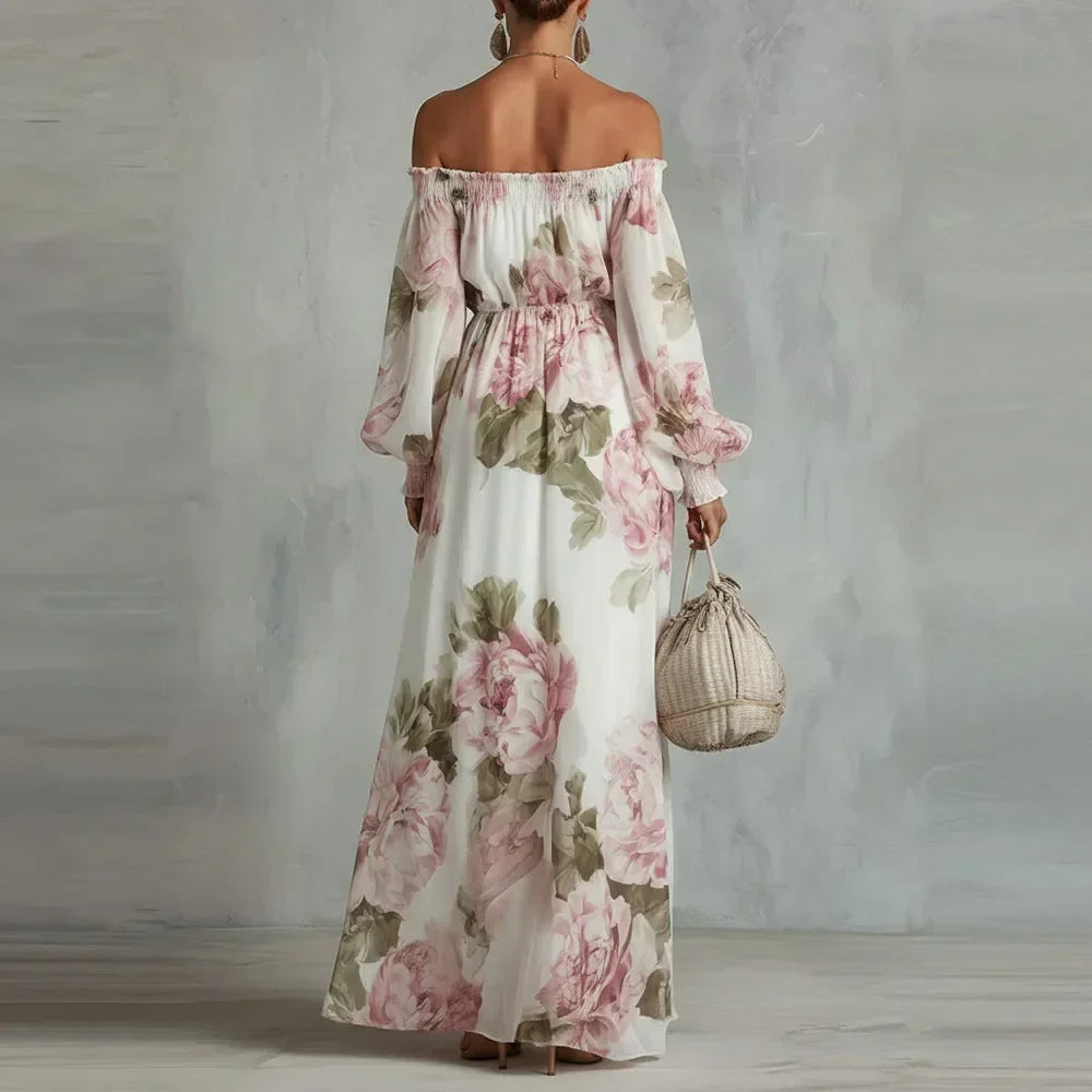 Payton | Vestido Maxi Floral de Ombros Descobertos com Mangas Compridas