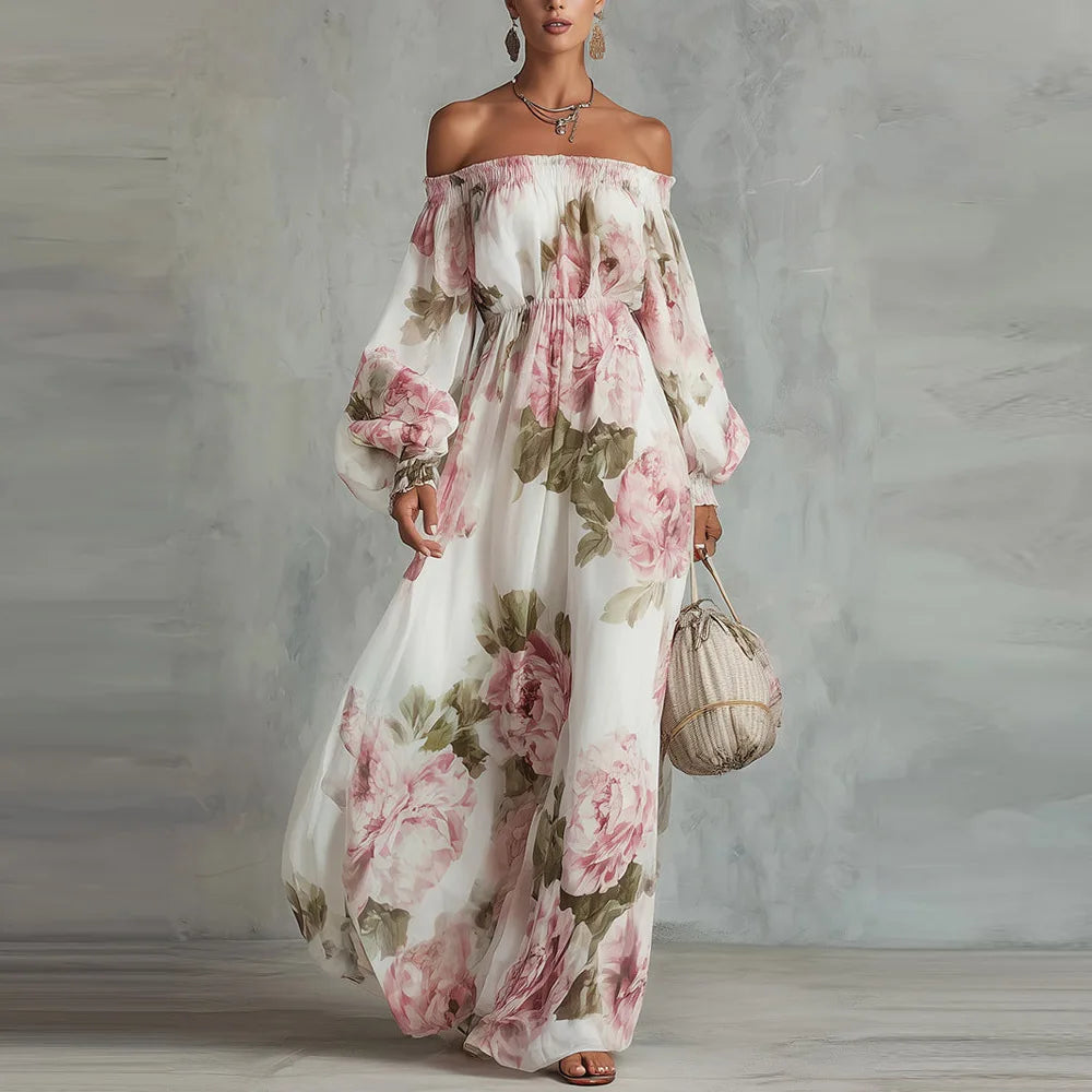 Payton | Vestido Maxi Floral de Ombros Descobertos com Mangas Compridas