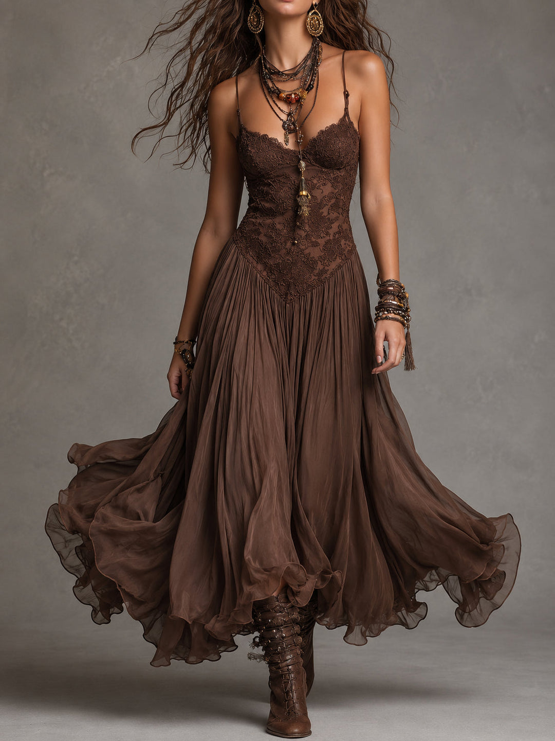 Amelie – Vestido Maxi de Chiffon Castanho-Escuro