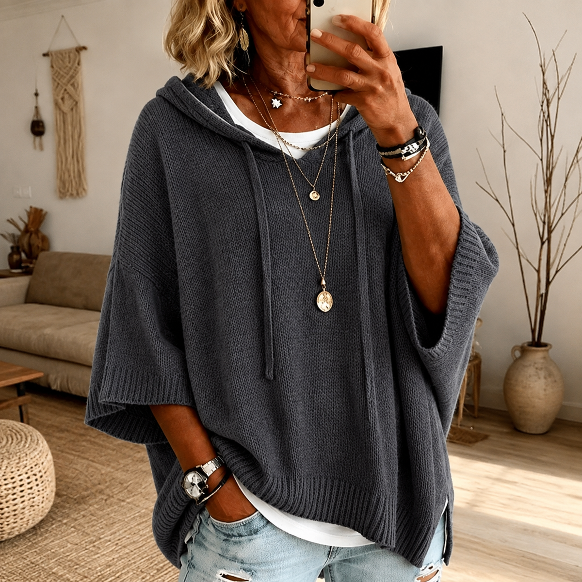 Sabine | Camisola Poncho com Capuz em Antracite