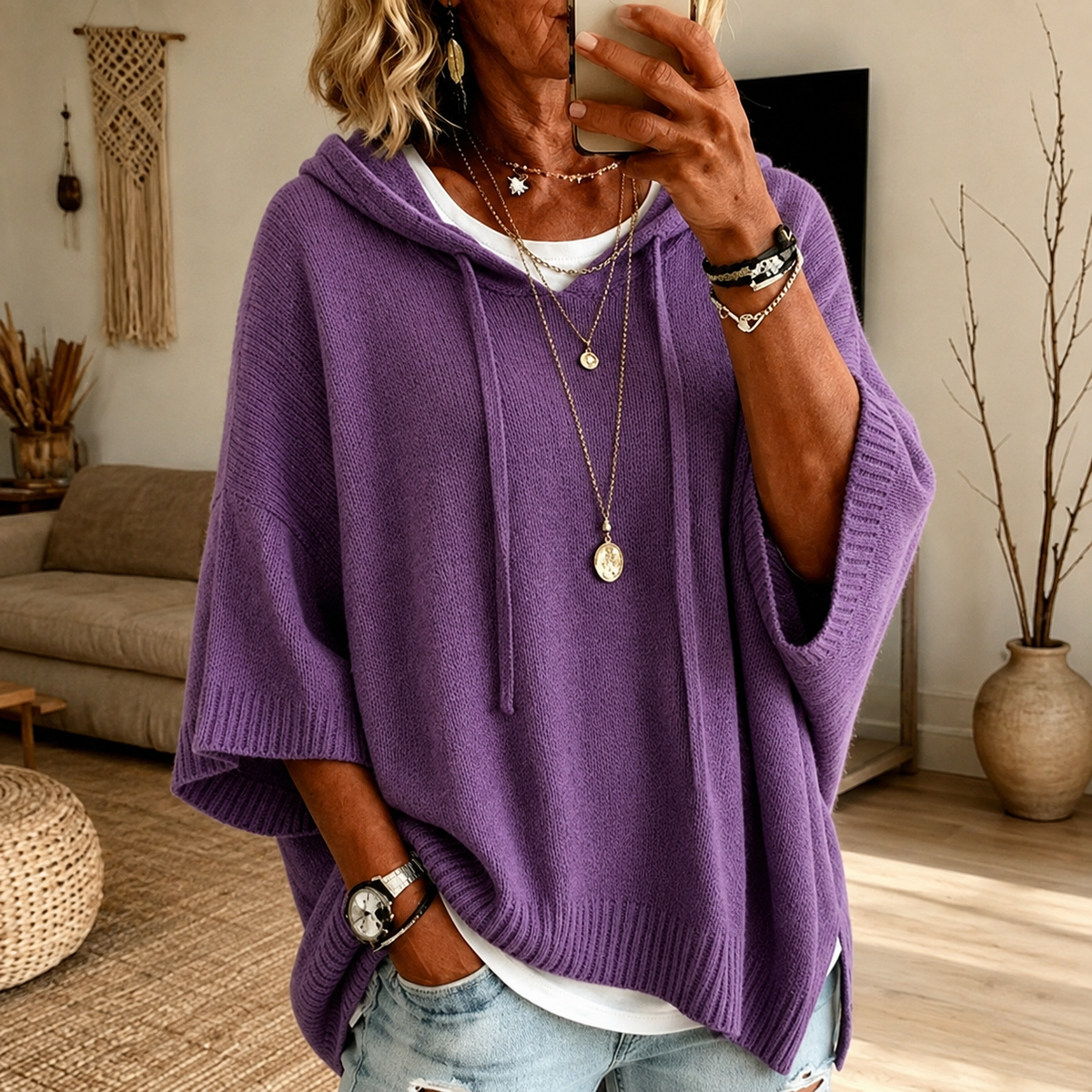Noelle | Camisola Poncho com Capuz em Lilás