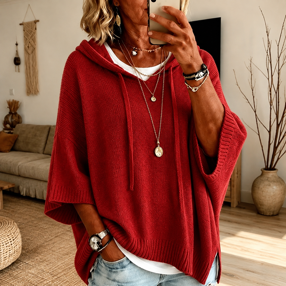 Claire | Camisola Poncho com Capuz em Vermelho