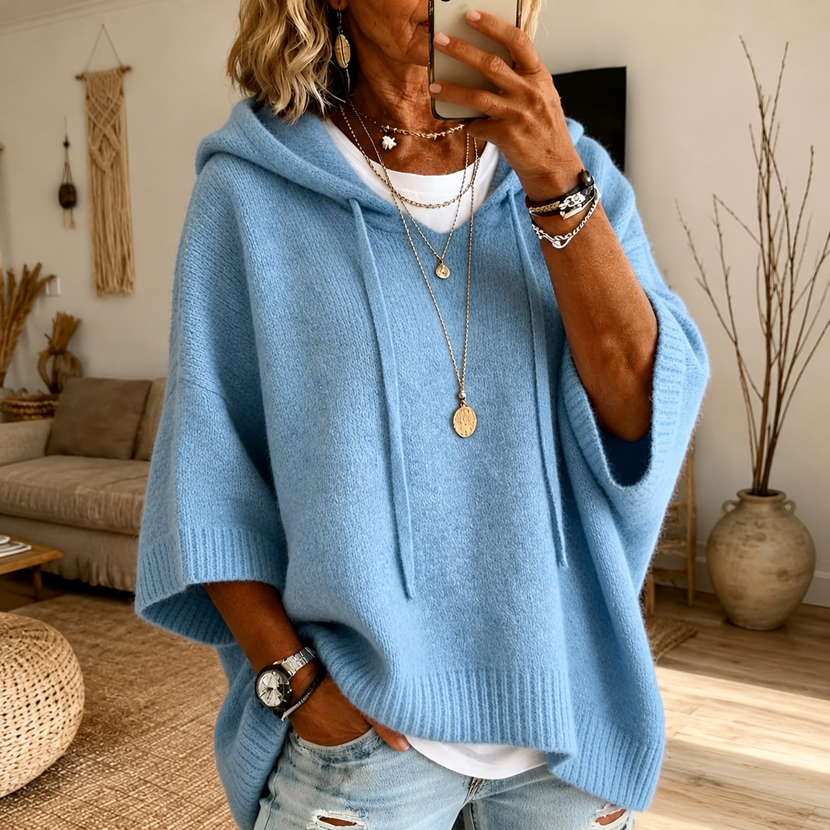 Léa | Camisola Poncho com Capuz em Azul-Celeste
