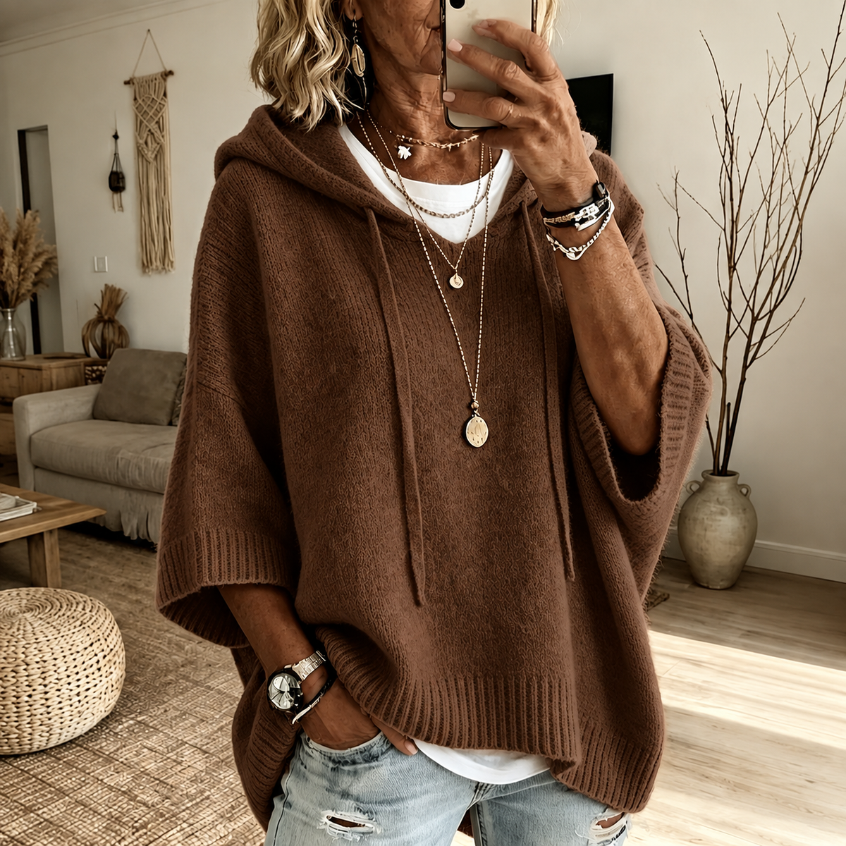 Lenora | Camisola Poncho com Capuz em Castanho