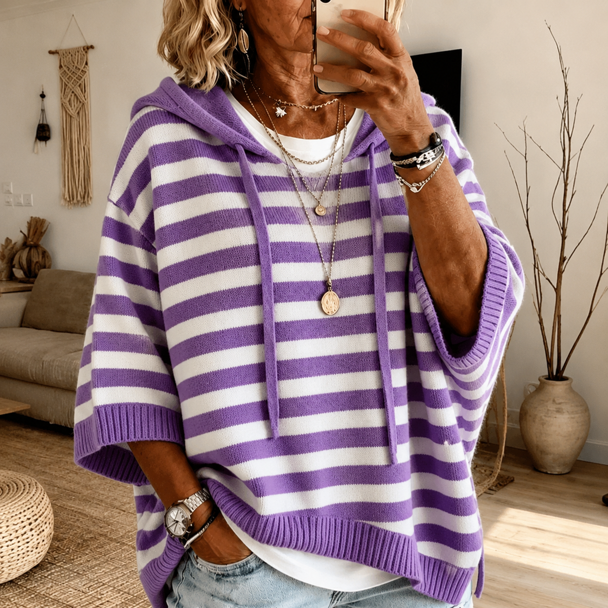 Anaïs | Camisola Poncho às Riscas com Capuz