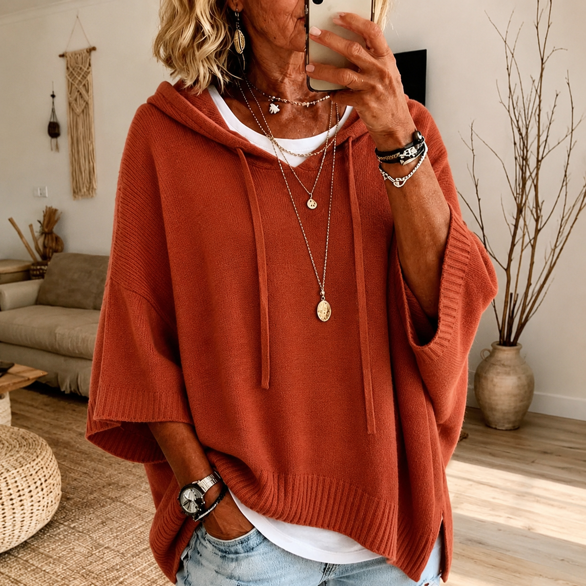 Océane | Camisola Poncho com Capuz em Terracota
