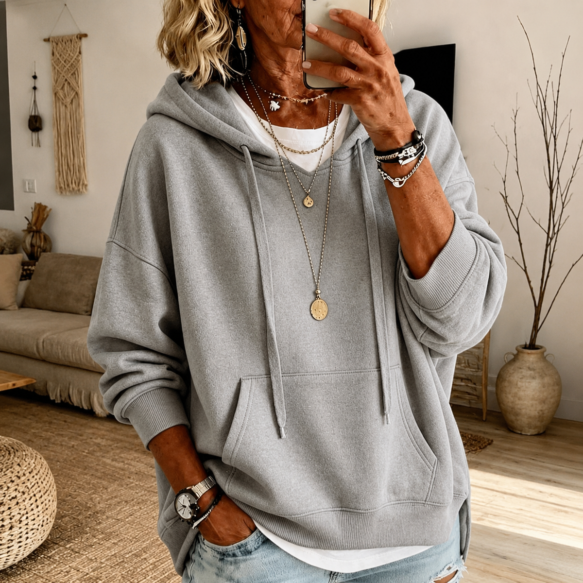 Élise | Camisola Oversized com Capuz em Cinzento-Claro