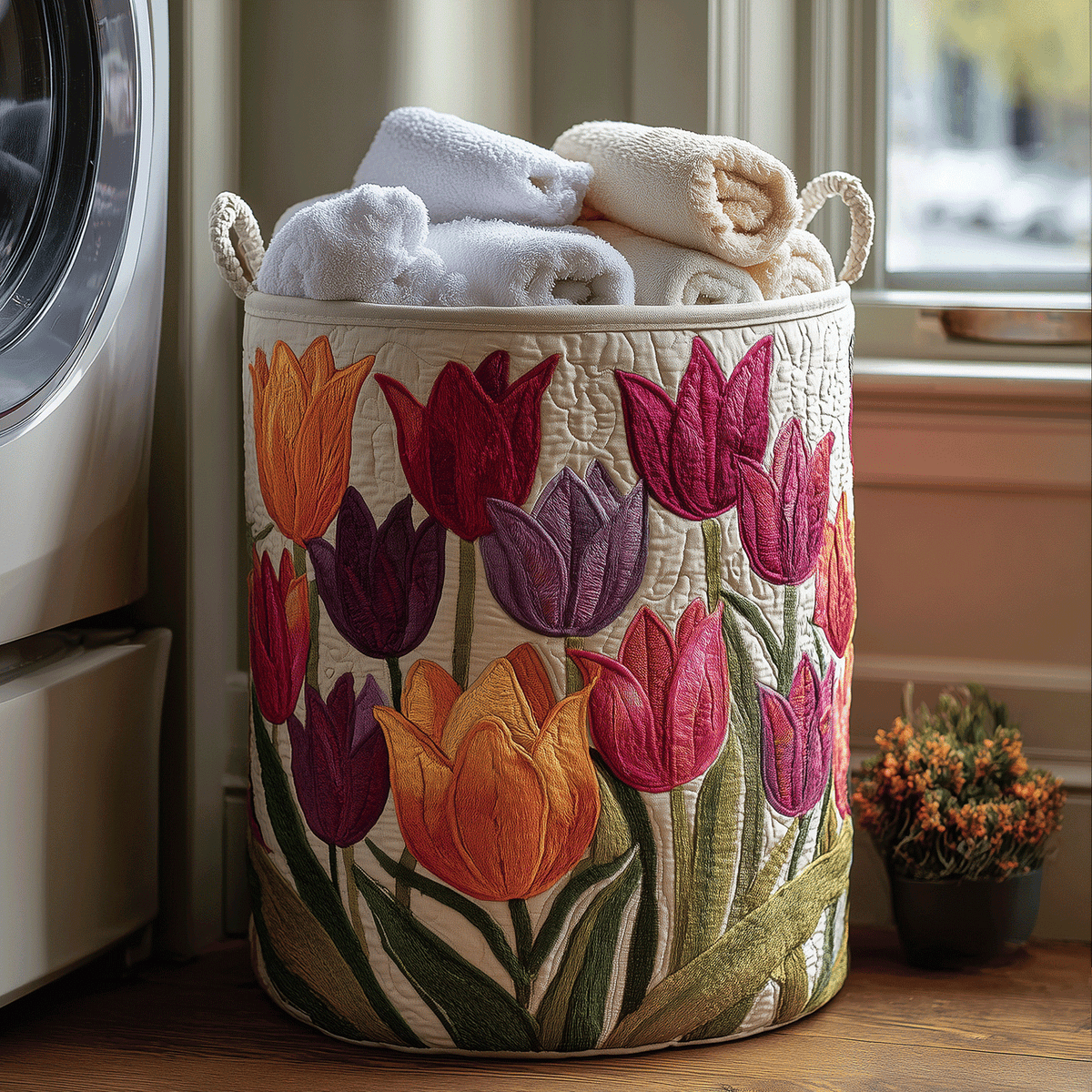 Cesto acolchoado com tulipas em flor