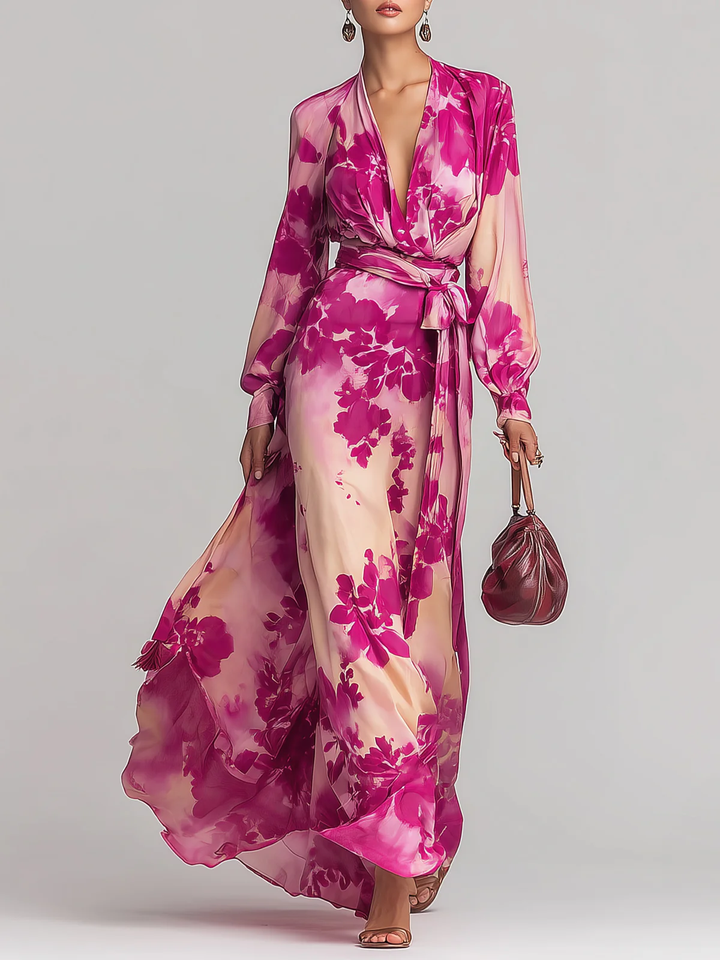 Julia | Vestido Maxi Floral com Decote em V e Cinto