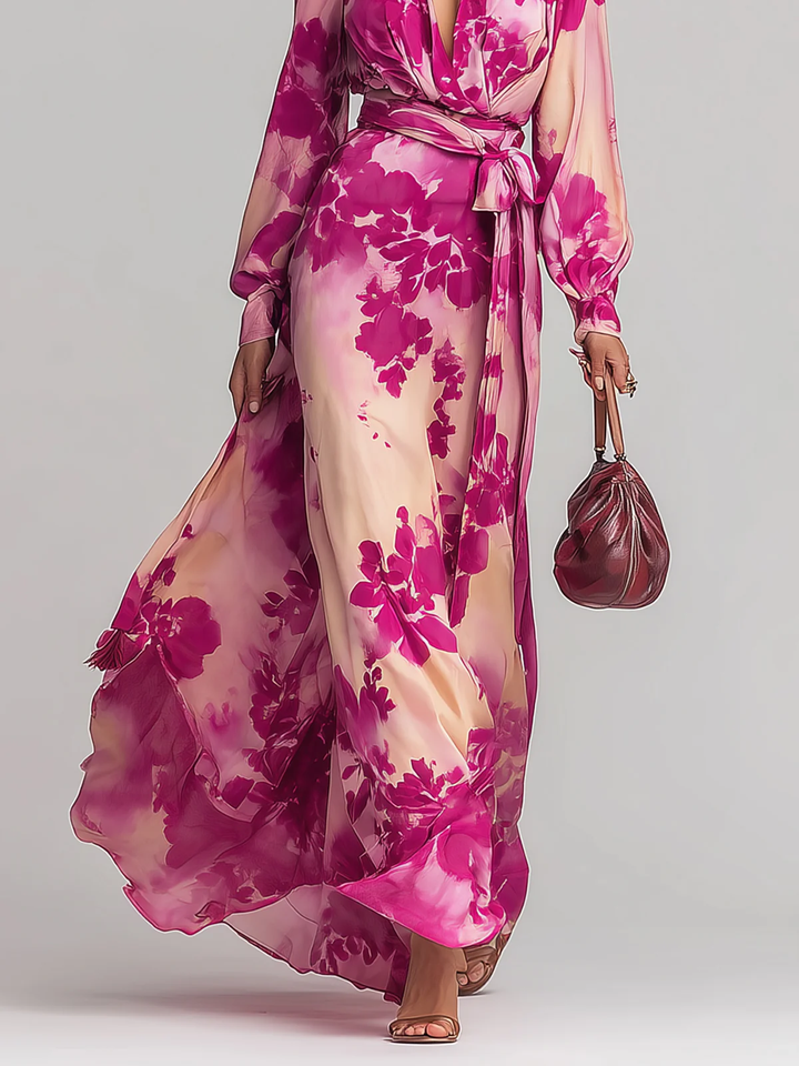 Julia | Vestido Maxi Floral com Decote em V e Cinto