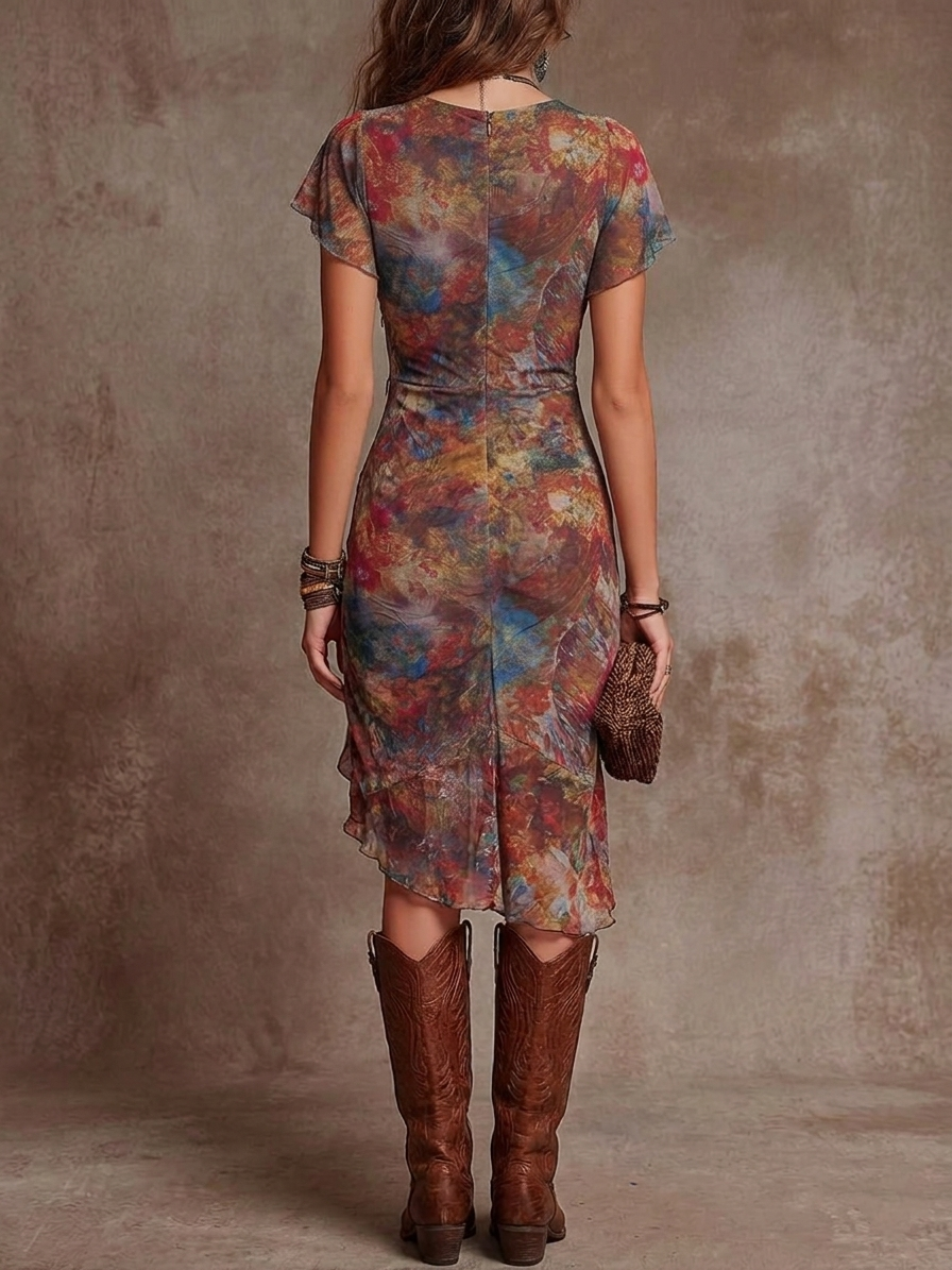 Vestido midi plissado com decote em V em estilo de arte abstrata boémia