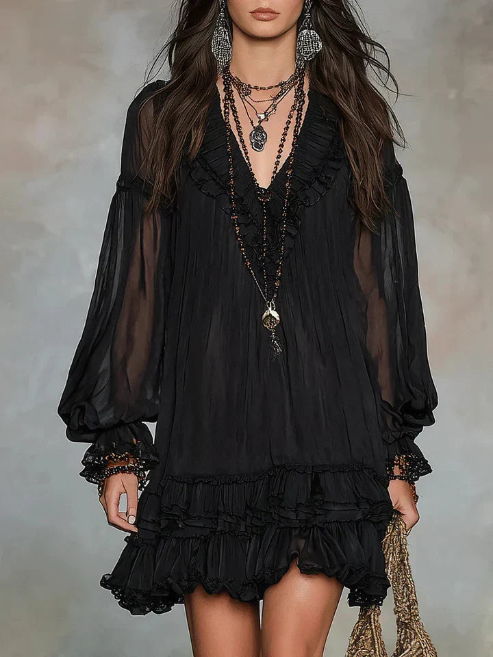 Alvilda – Minivestido de chiffon com detalhes de folhos
