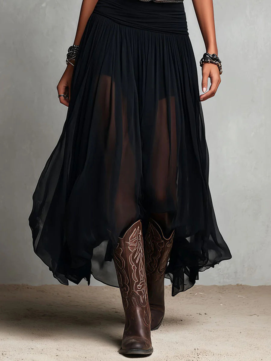 Vestido maxi preto sem mangas com top e saia de tule (com cinto)
