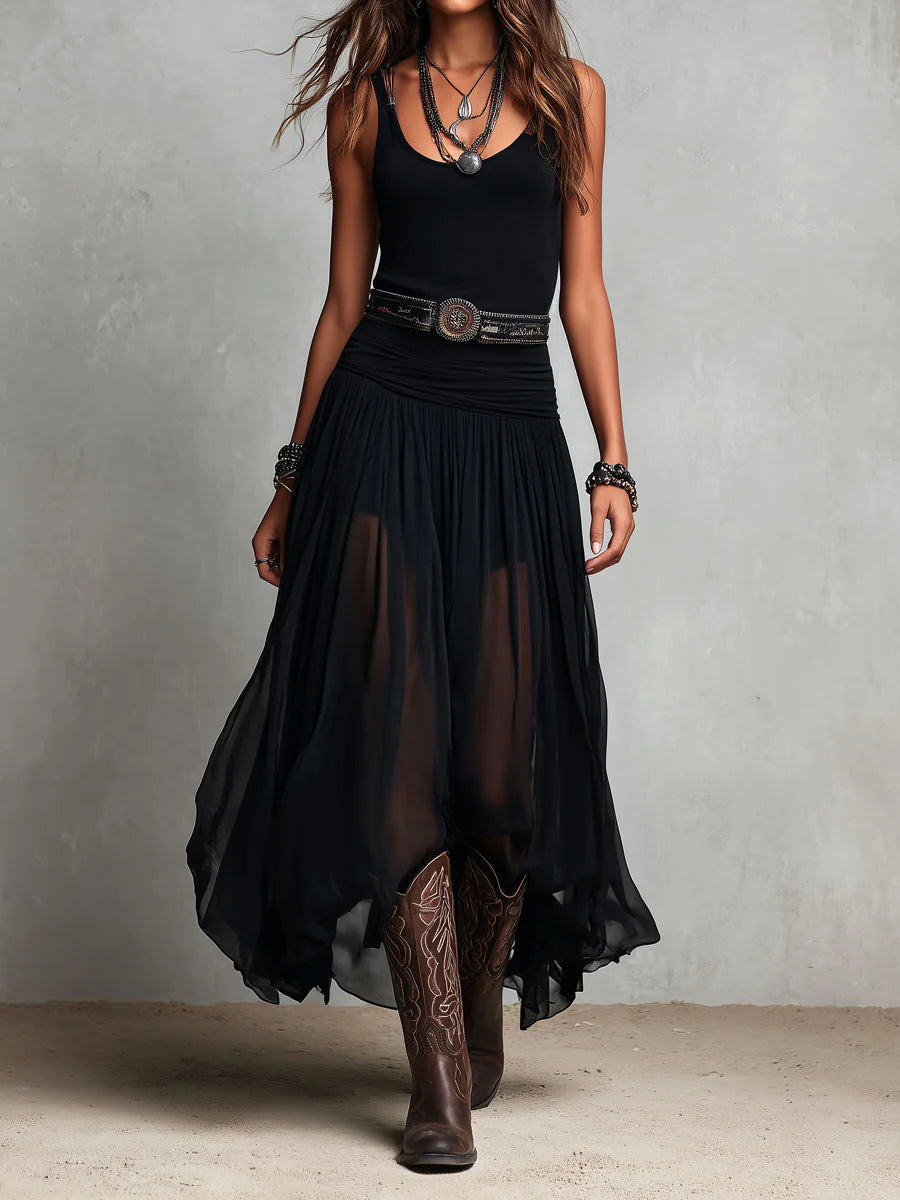 Vestido maxi preto sem mangas com top e saia de tule (com cinto)