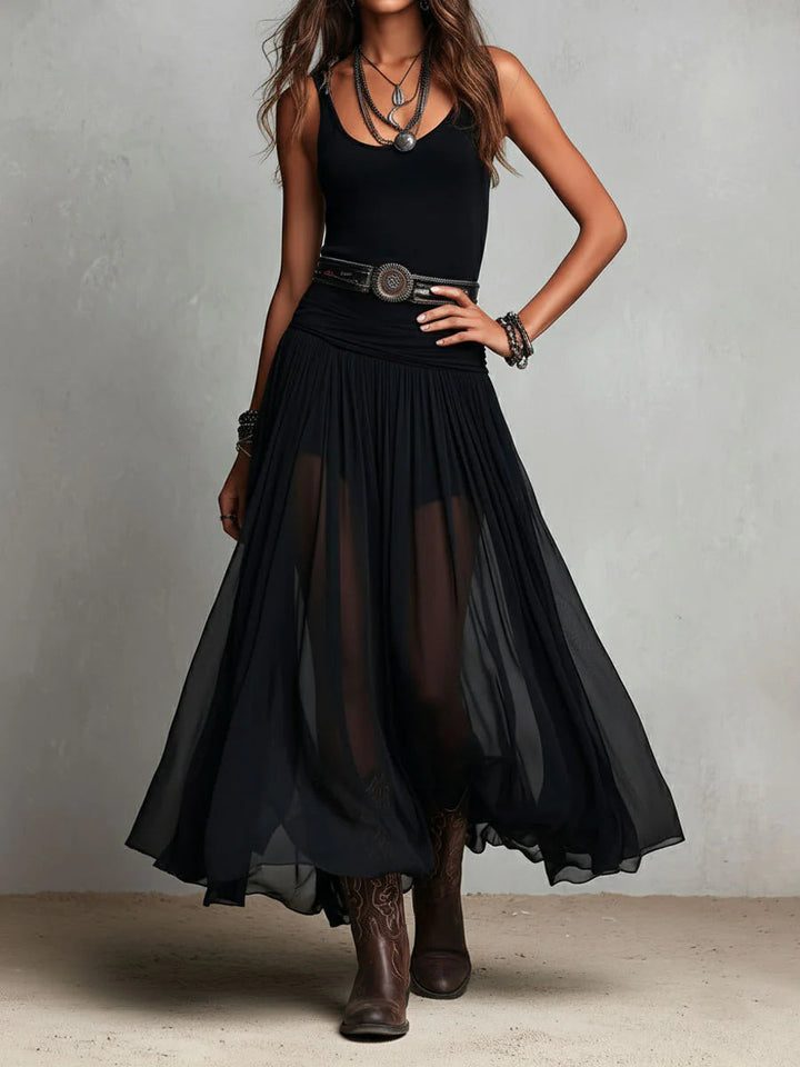 Vestido maxi preto sem mangas com top e saia de tule (com cinto)