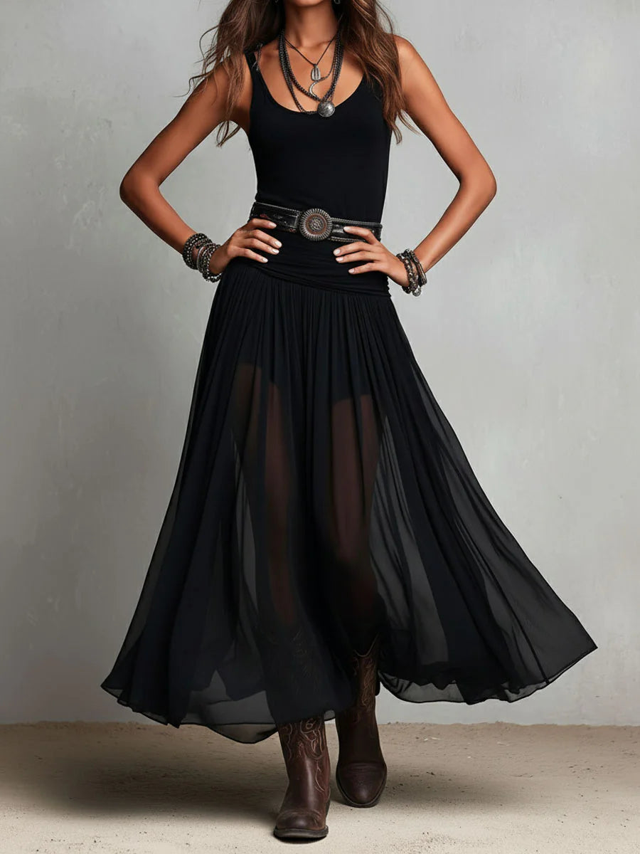 Vestido maxi preto sem mangas com top e saia de tule (com cinto)