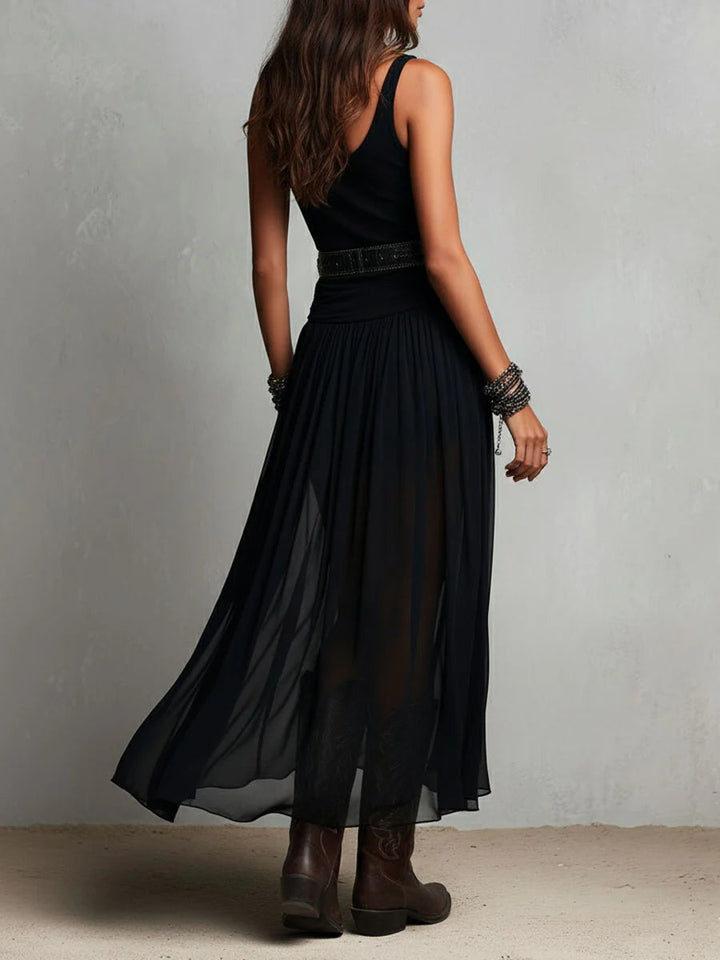 Vestido maxi preto sem mangas com top e saia de tule (com cinto)