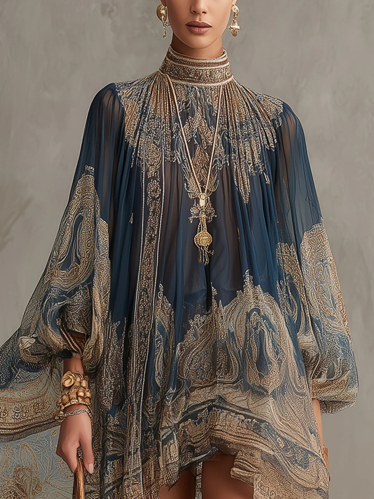 Vibeke – Vestido de chiffon azul-marinho com estampado barroco