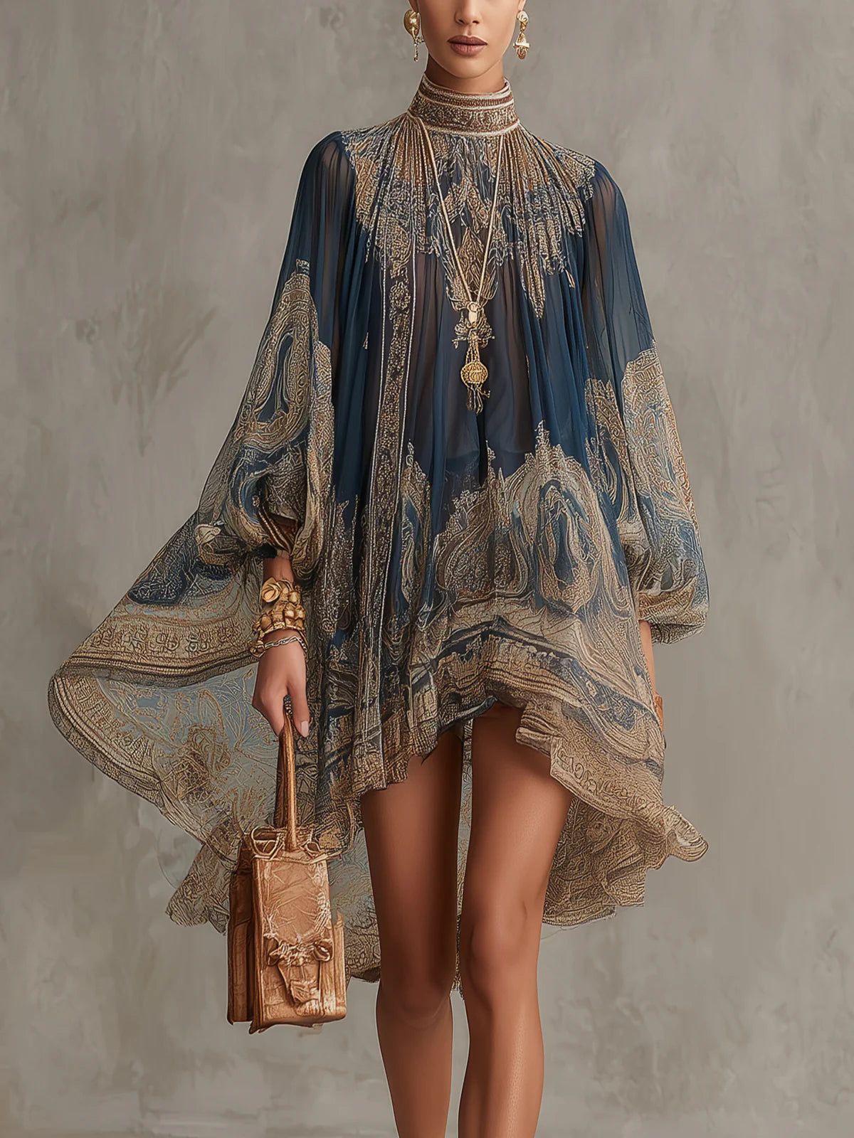 Vibeke – Vestido de chiffon azul-marinho com estampado barroco