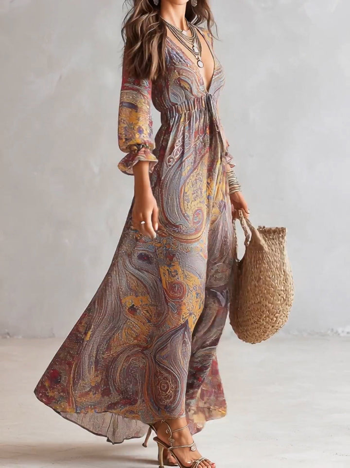 Vestido maxi de chiffon franzido com decote em V e padrão paisley
