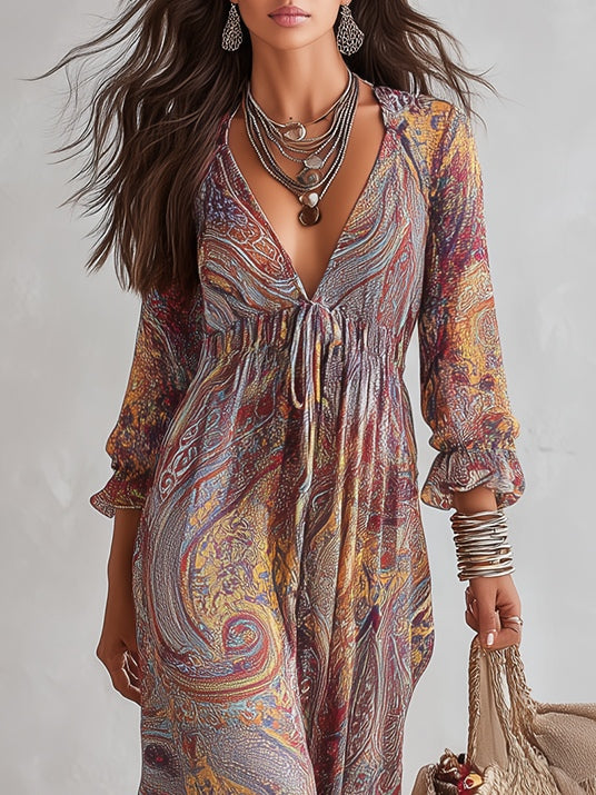 Vestido maxi de chiffon franzido com decote em V e padrão paisley