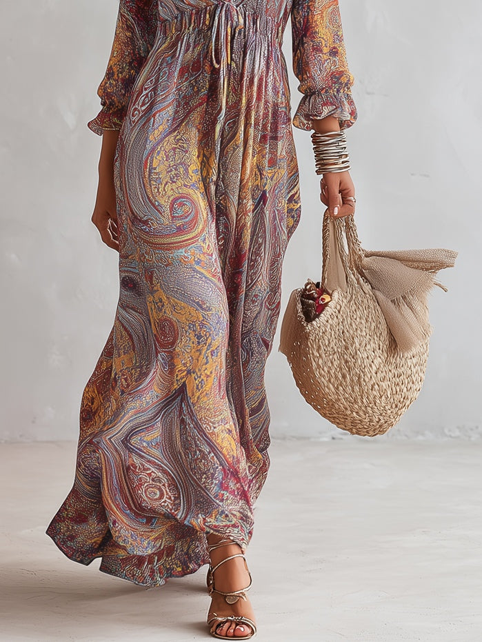 Vestido maxi de chiffon franzido com decote em V e padrão paisley