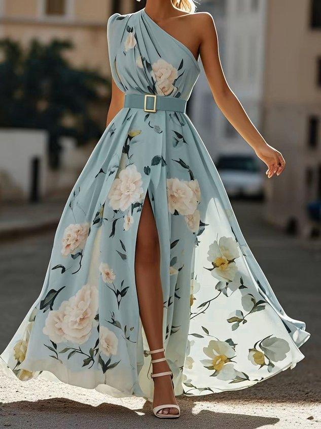 Julie | Vestido Maxi de Chiffon Verde com Estampado Floral