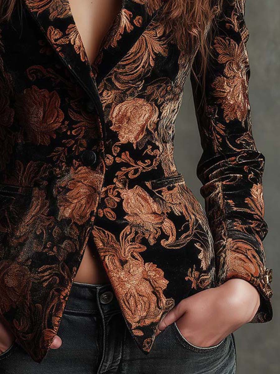 Blazer Feminino Cintado Preto e Bronze com Padrão Floral