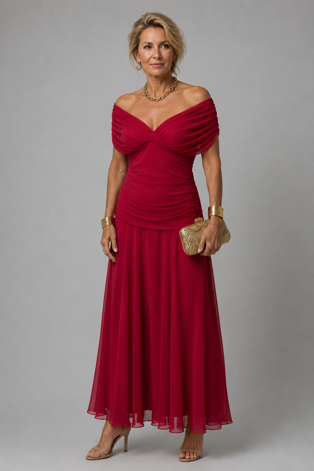 Ariane | Vestido midi drapeado com ombros descobertos