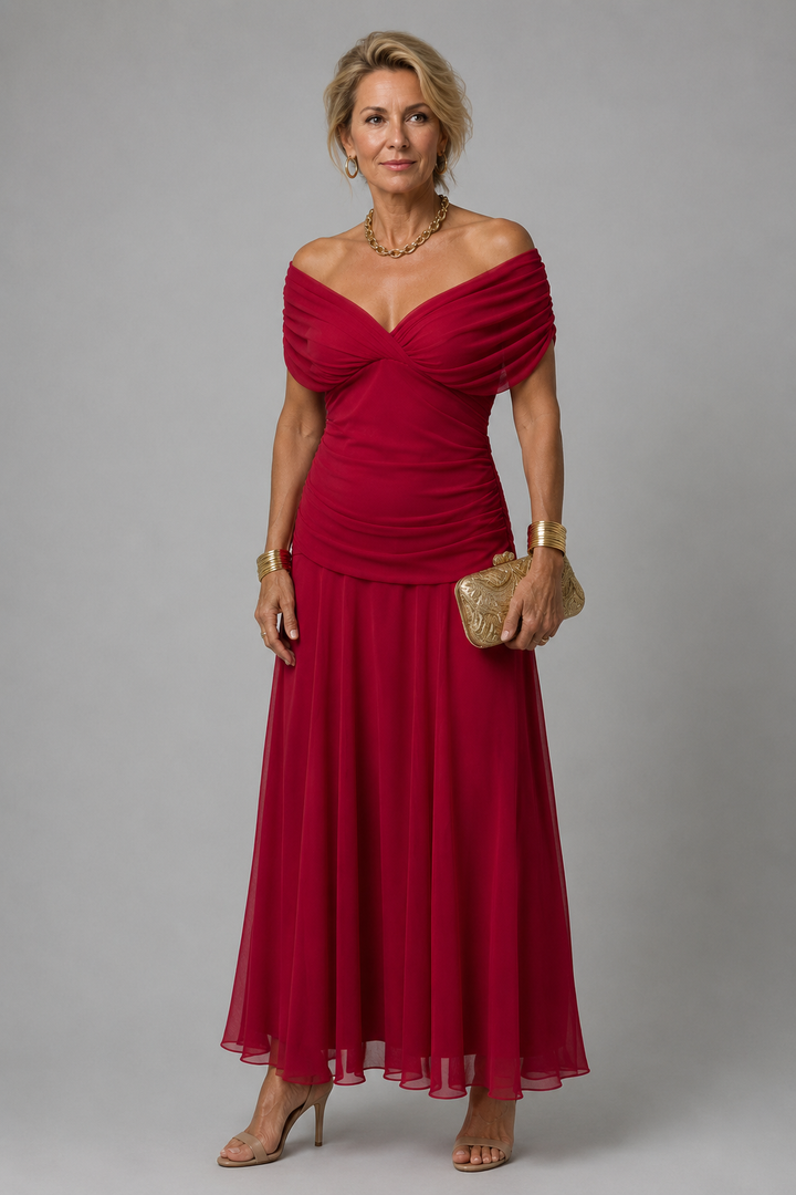 Ariane | Vestido midi drapeado com ombros descobertos