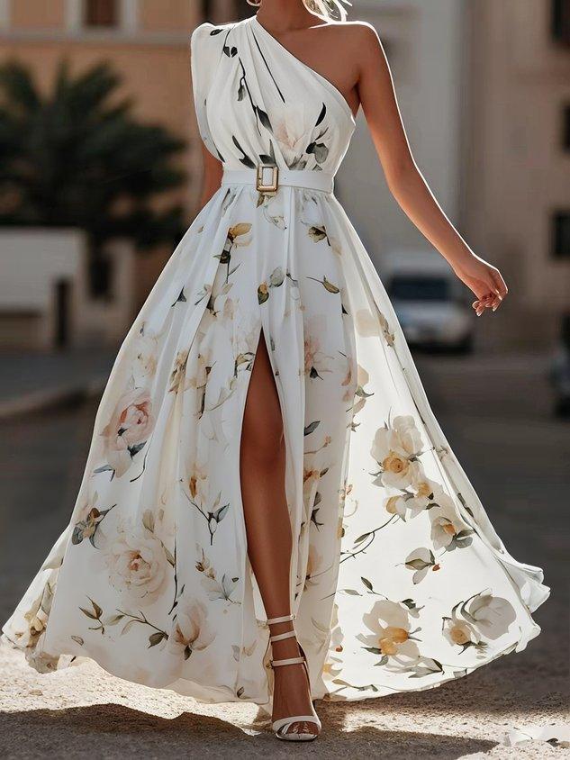 Julie | Vestido Maxi de Chiffon Verde com Estampado Floral