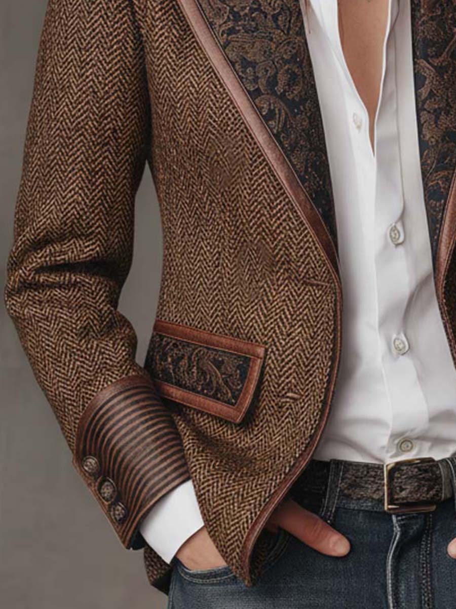 Blazer Feminino com Padrão Espinha de Peixe e Detalhes Estampados
