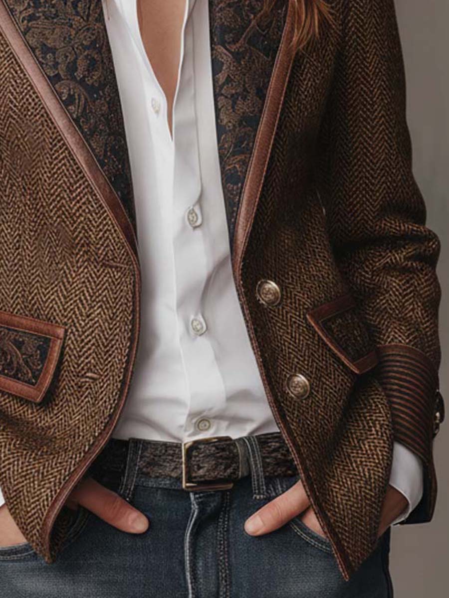 Blazer Feminino com Padrão Espinha de Peixe e Detalhes Estampados