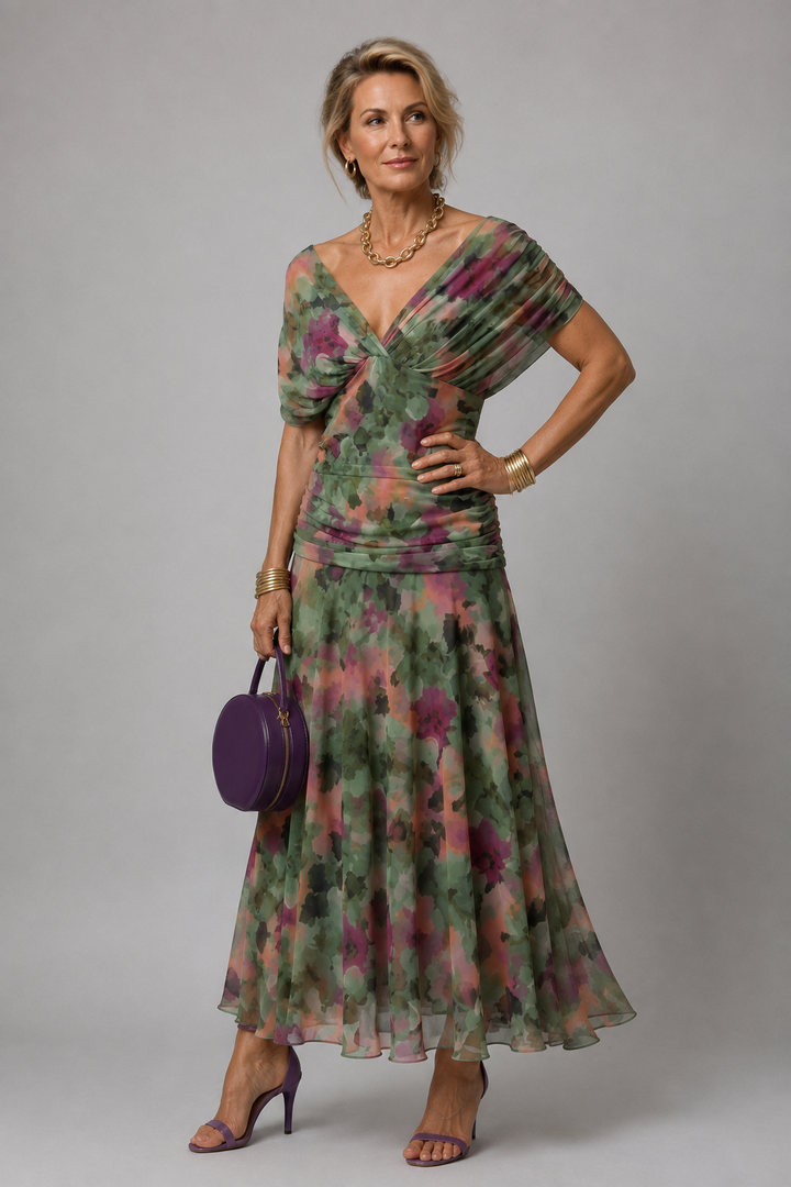 Ariane | Vestido midi drapeado com ombros descobertos