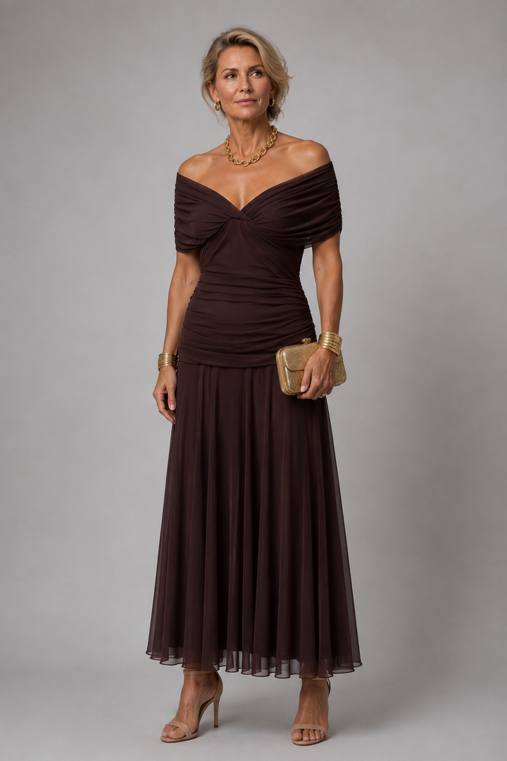 Ariane | Vestido midi drapeado com ombros descobertos