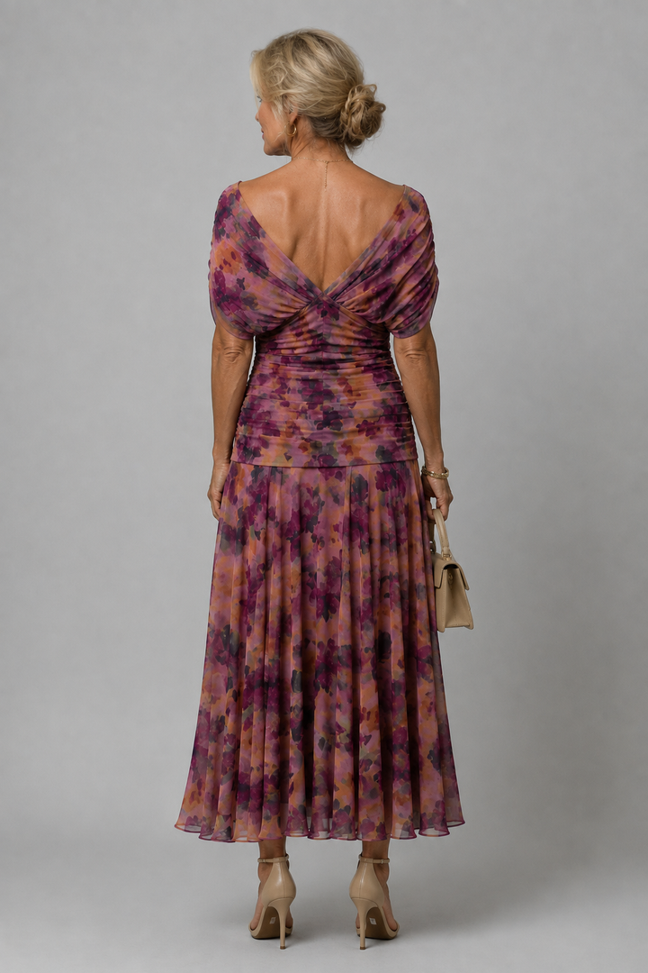 Ariane | Vestido midi drapeado com ombros descobertos