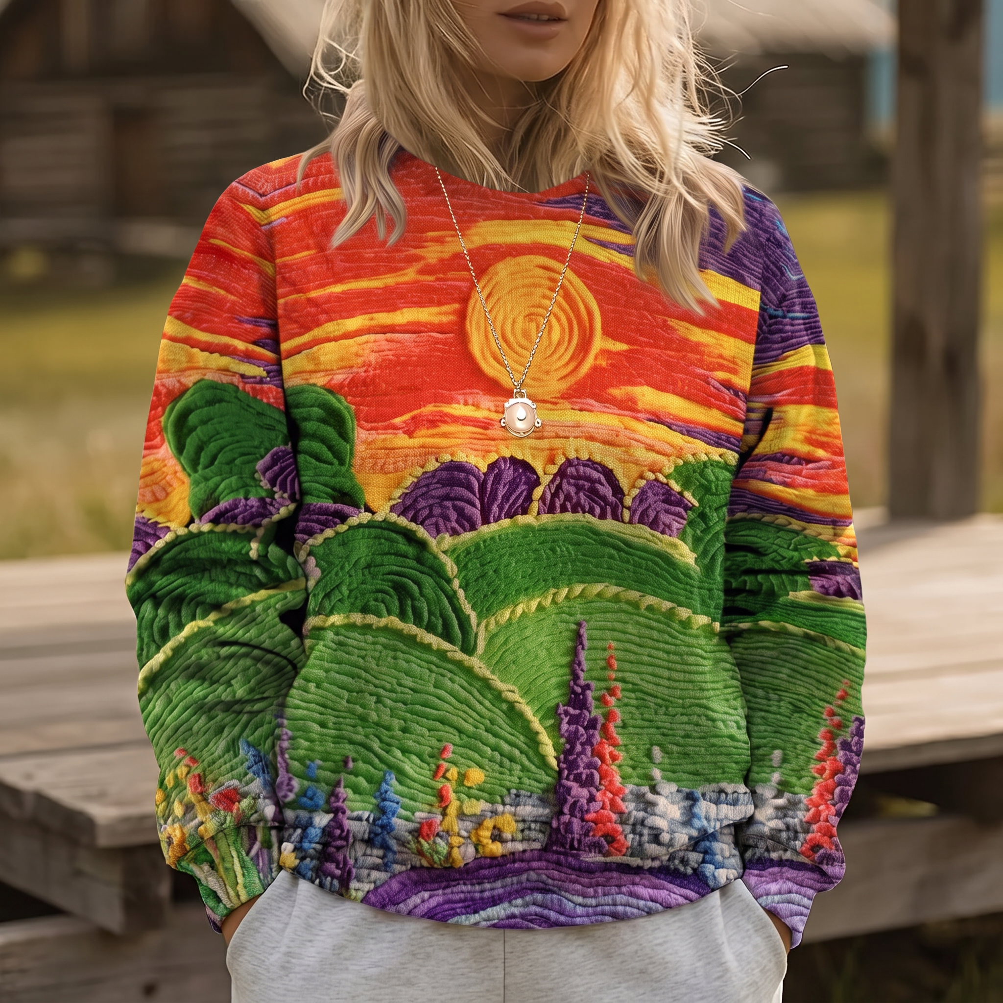 Ravella | Camisola Relaxed Fit com Paisagem Sunburst