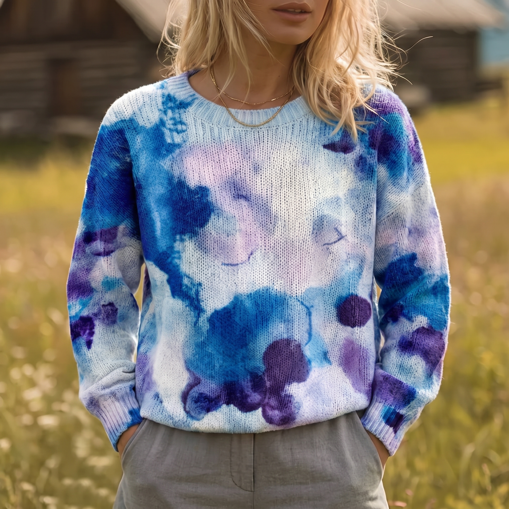Cerulyn | Camisola de Malha Azul Tie-Dye Floral