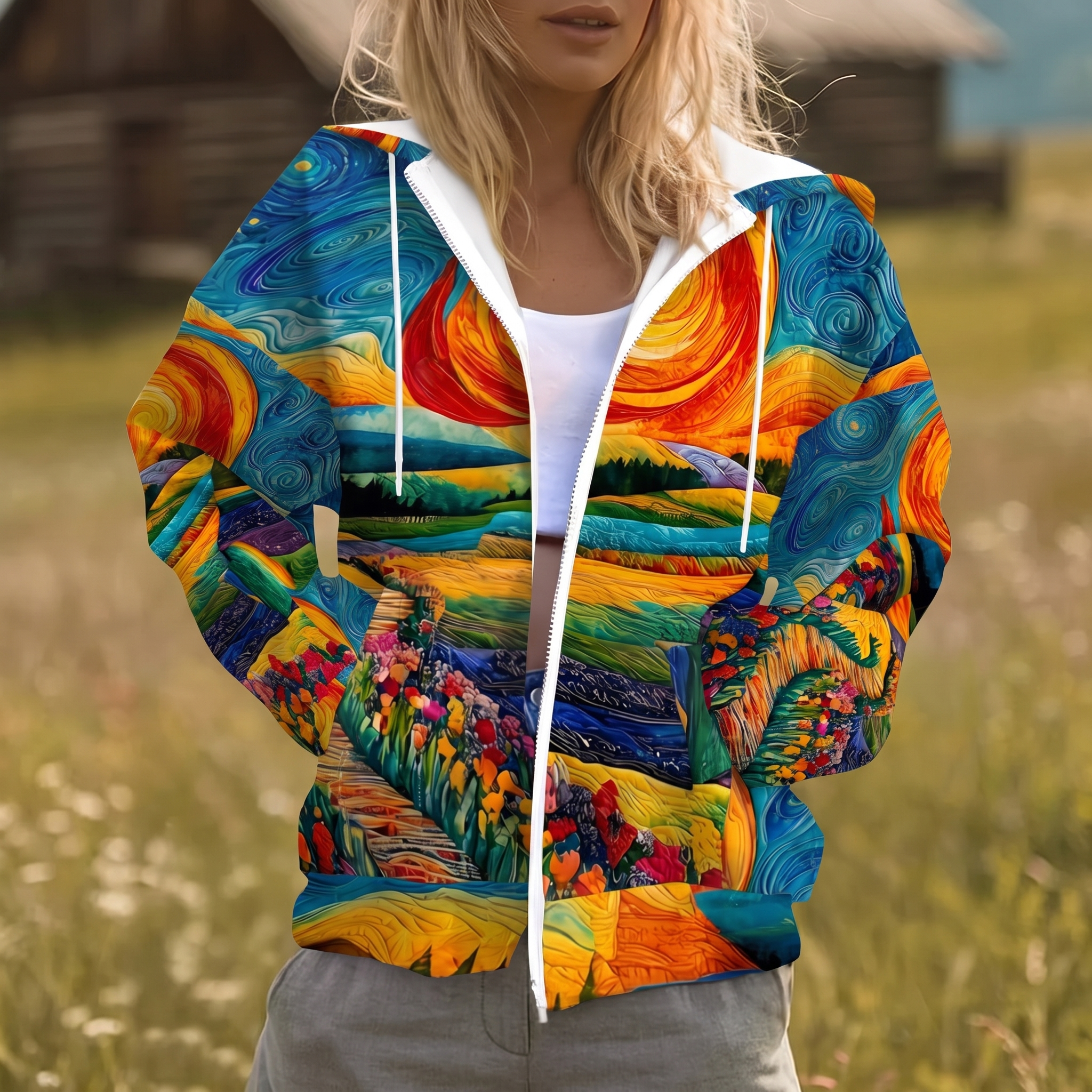 Halcyra | Hoodie com Fecho Integral e Estampado Sunburst
