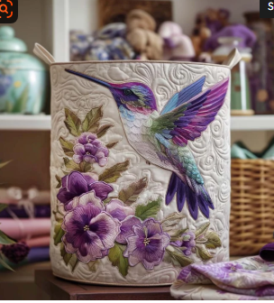 Cesto acolchoado com beija-flor entre flores