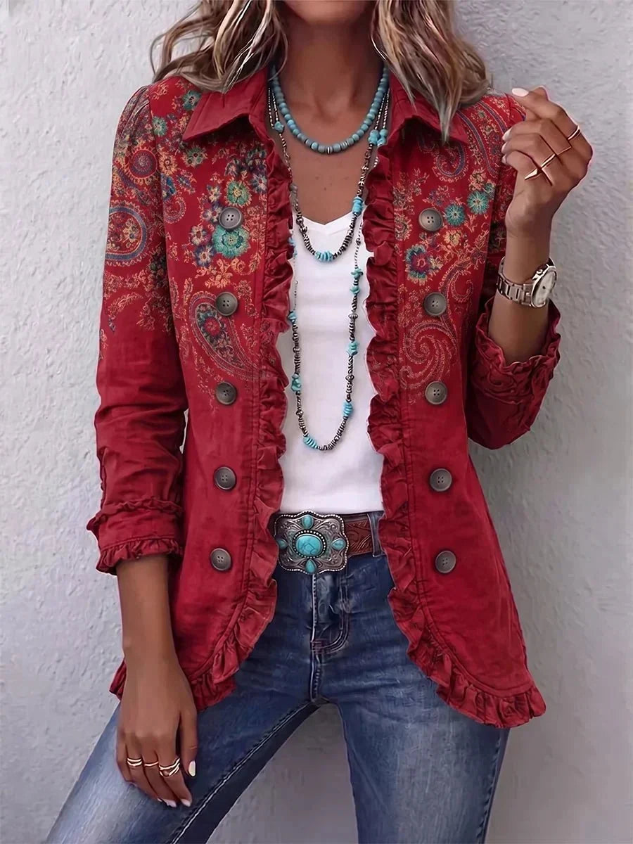 Fayrene | Casaco boho com folhos e padrão paisley